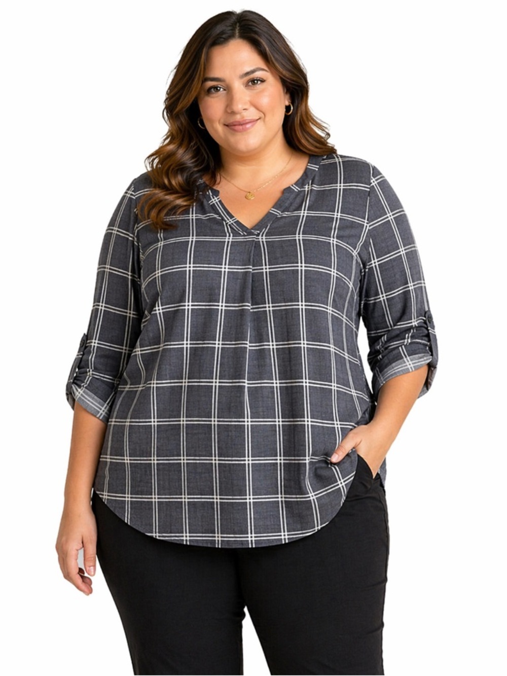 V-Neck Blue Windowpane Check Top 18